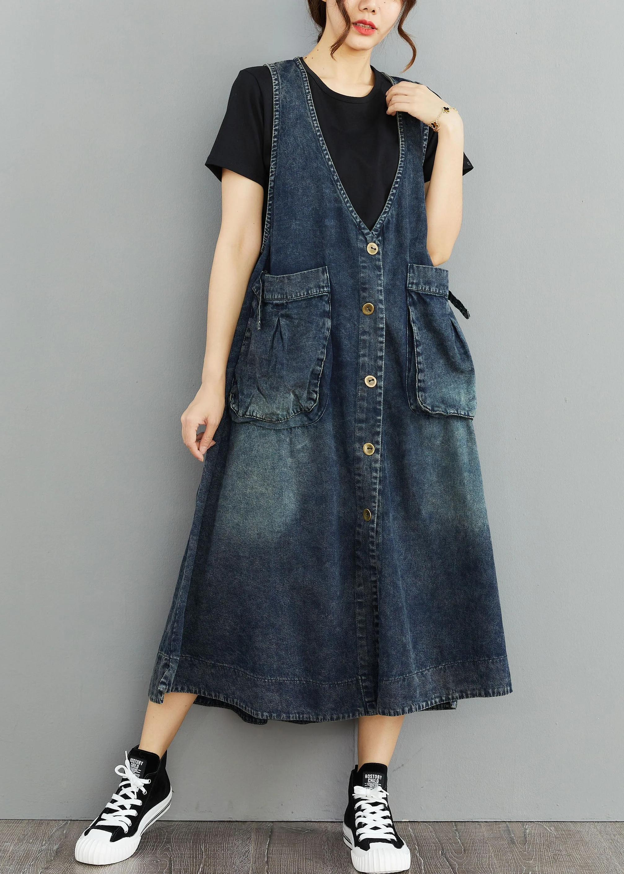 Organic Navy V Neck Pockets Patchwork Denim Sundress Sleeveless - Image 4