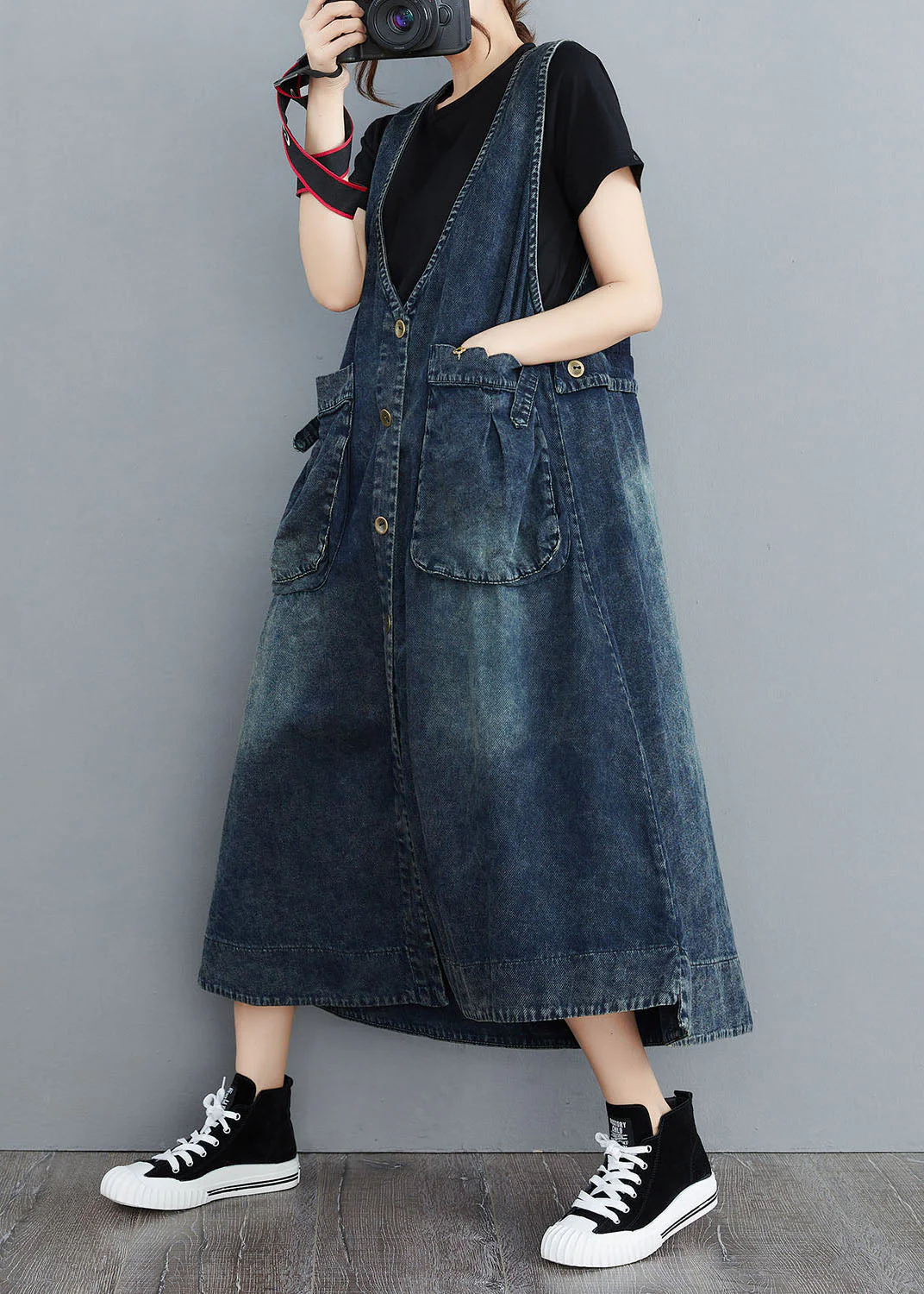 Organic Navy V Neck Pockets Patchwork Denim Sundress Sleeveless - Image 5