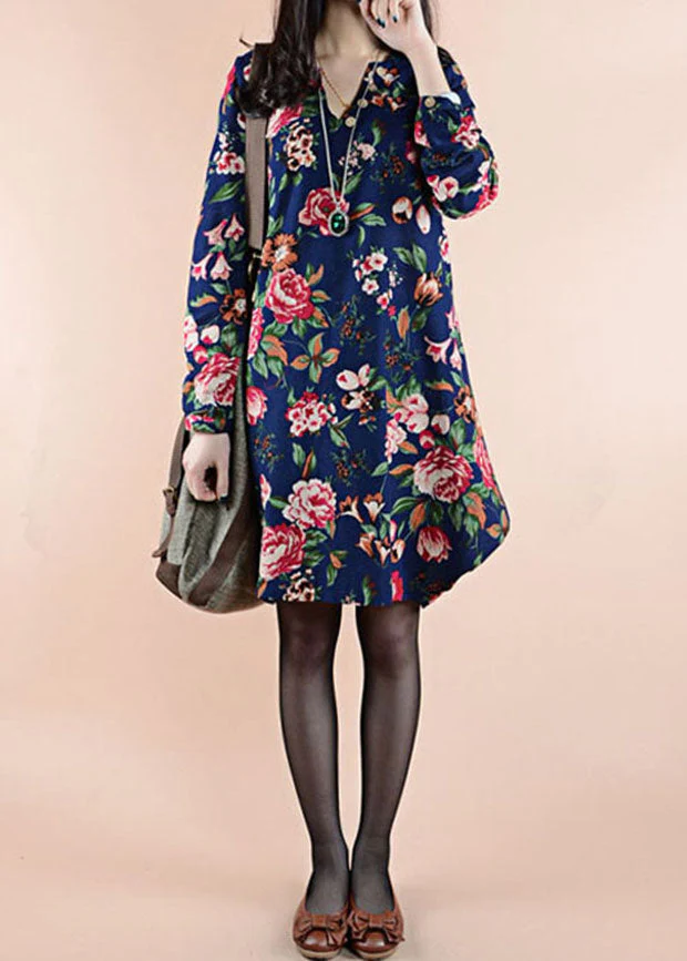 Organic Navy V Neck Print Patchwork Linen Dresses Spring - Image 2