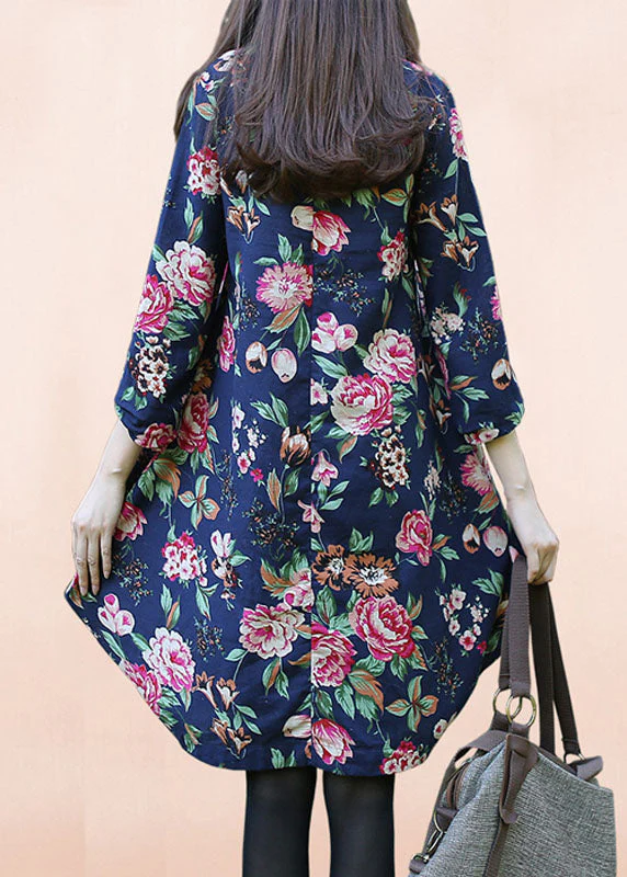 Organic Navy V Neck Print Patchwork Linen Dresses Spring - Image 3