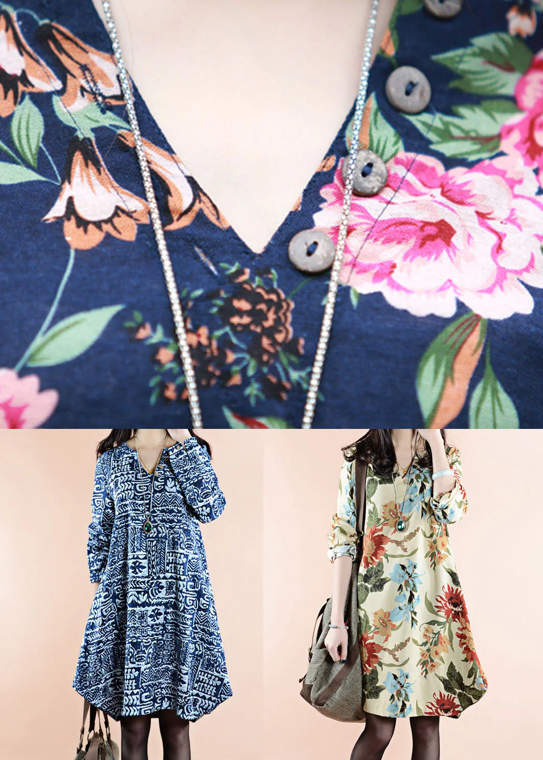 Organic Navy V Neck Print Patchwork Linen Dresses Spring - Image 4