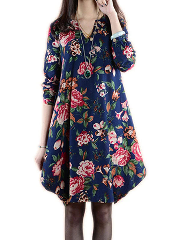 Organic Navy V Neck Print Patchwork Linen Dresses Spring - Image 5