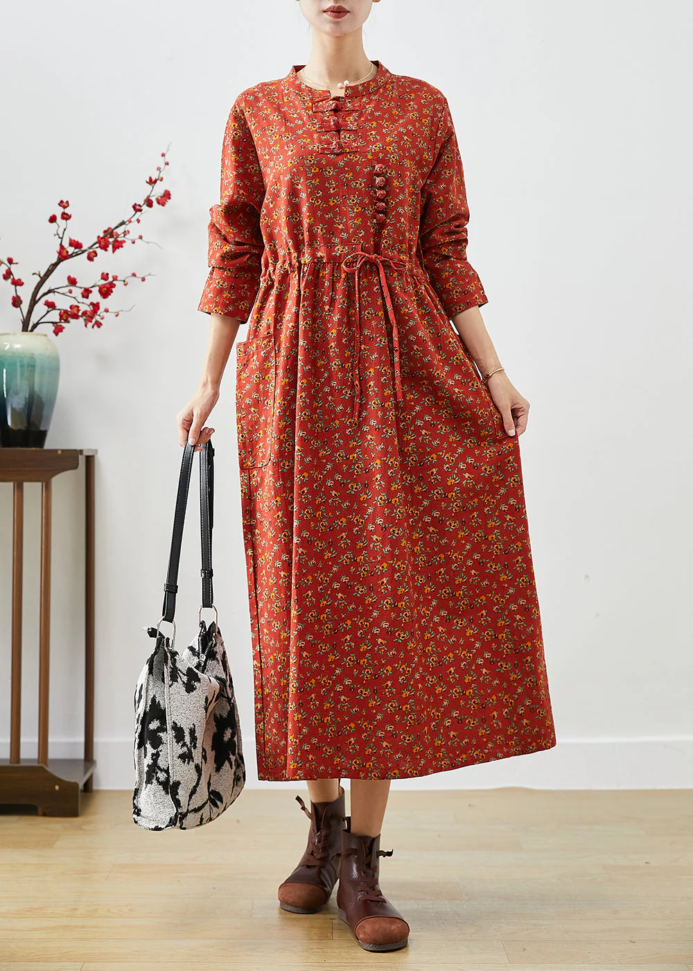 Organic Orange Cinched Print Cotton Vacation Dresses Fall - Image 2