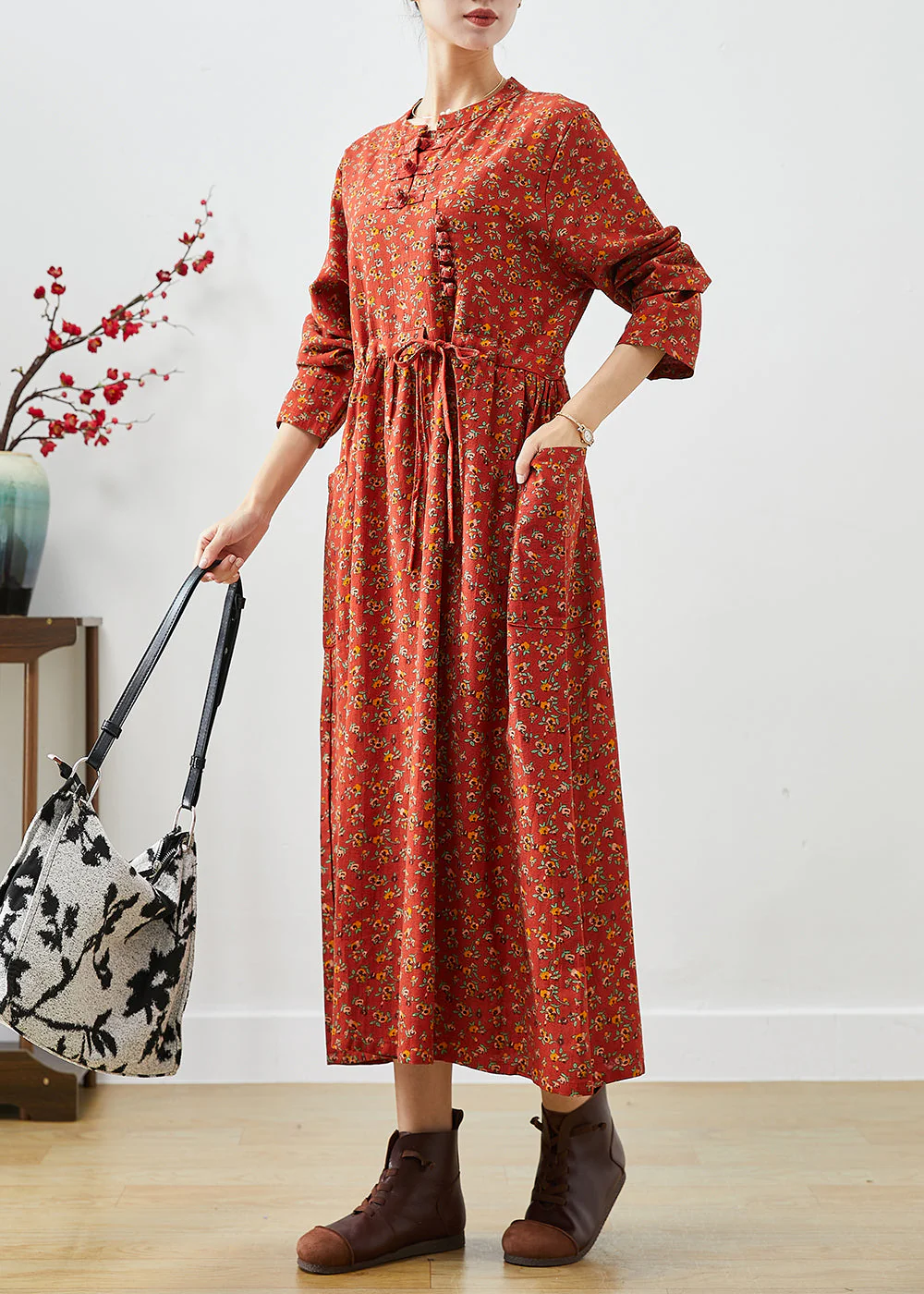 Organic Orange Cinched Print Cotton Vacation Dresses Fall - Image 3