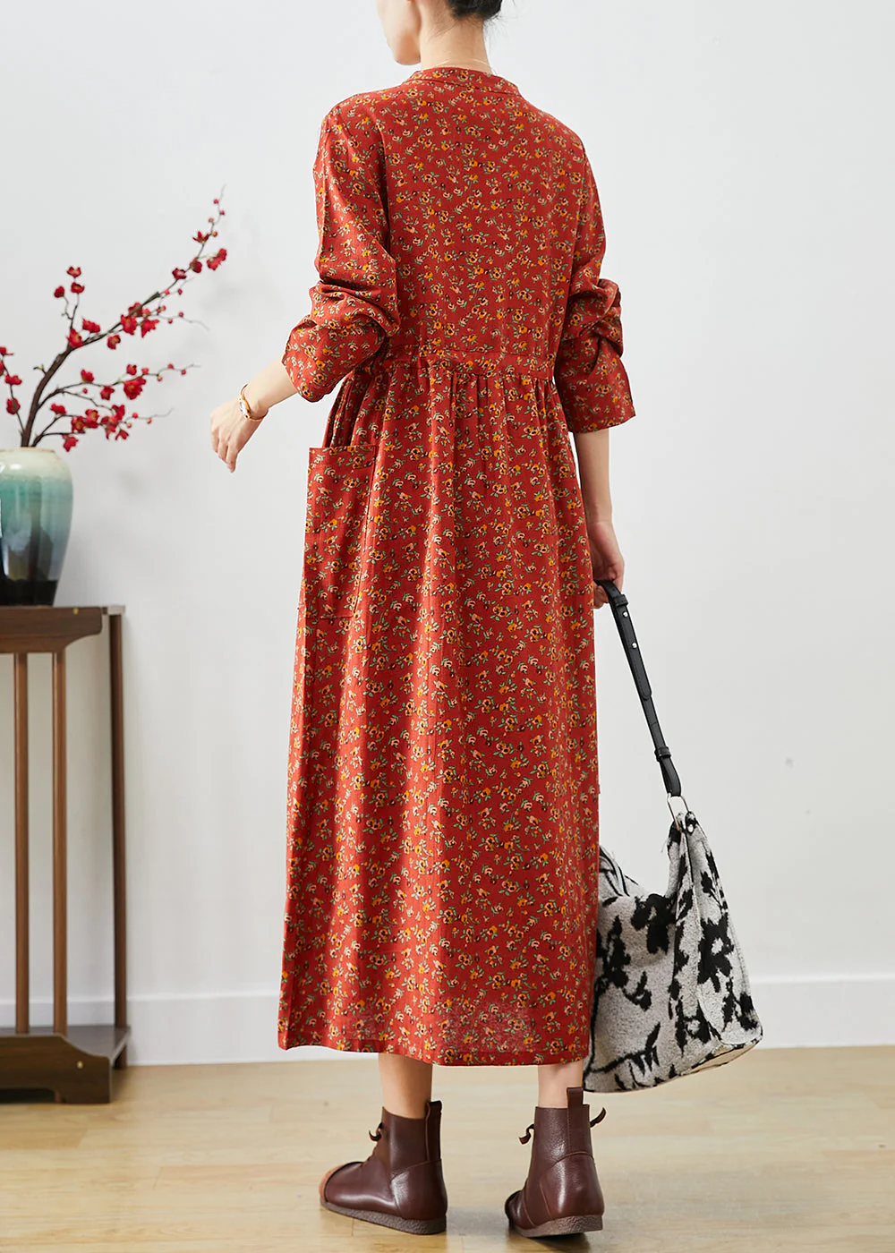 Organic Orange Cinched Print Cotton Vacation Dresses Fall - Image 4