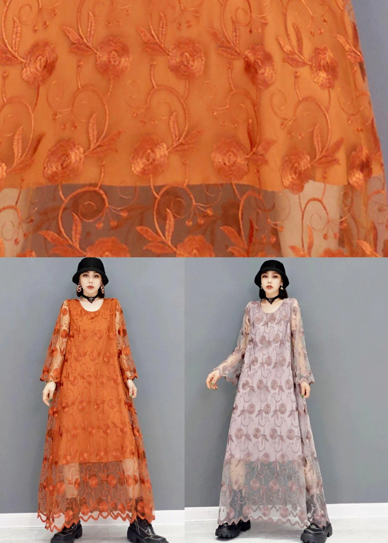 Organic Orange Fashion O-Neck Long Sleeve Lace Fall Dress - Image 5