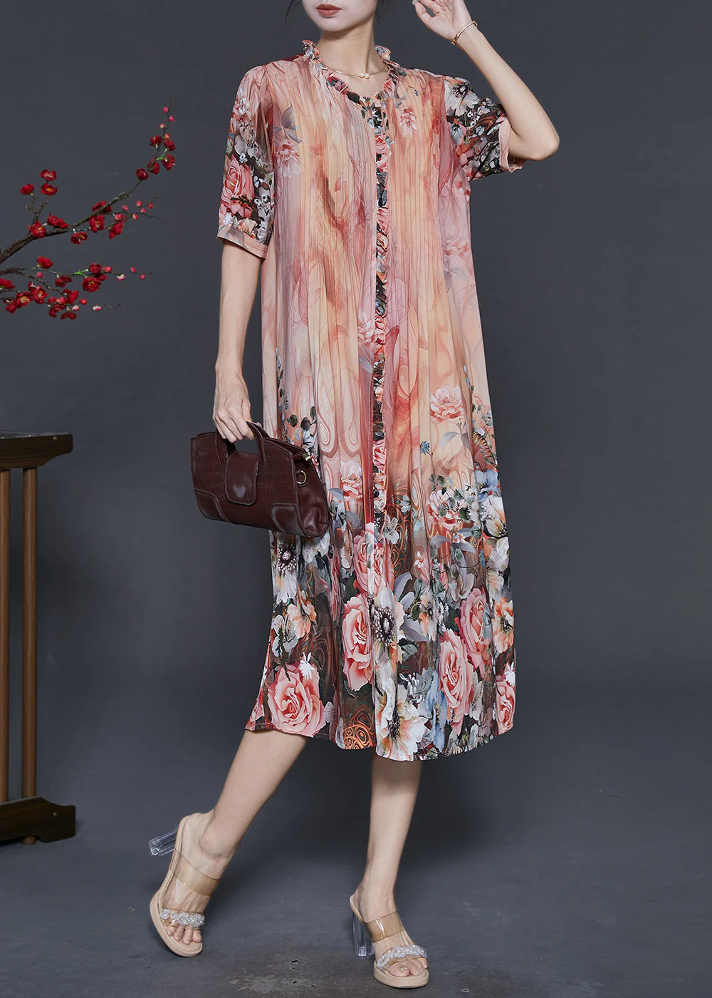 Organic Orange Ruffled Print Silk Party Dress Summer - Image 2
