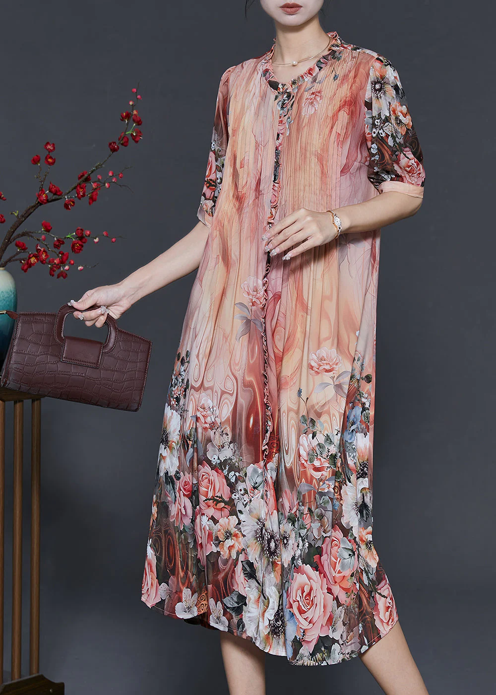 Organic Orange Ruffled Print Silk Party Dress Summer - Image 3