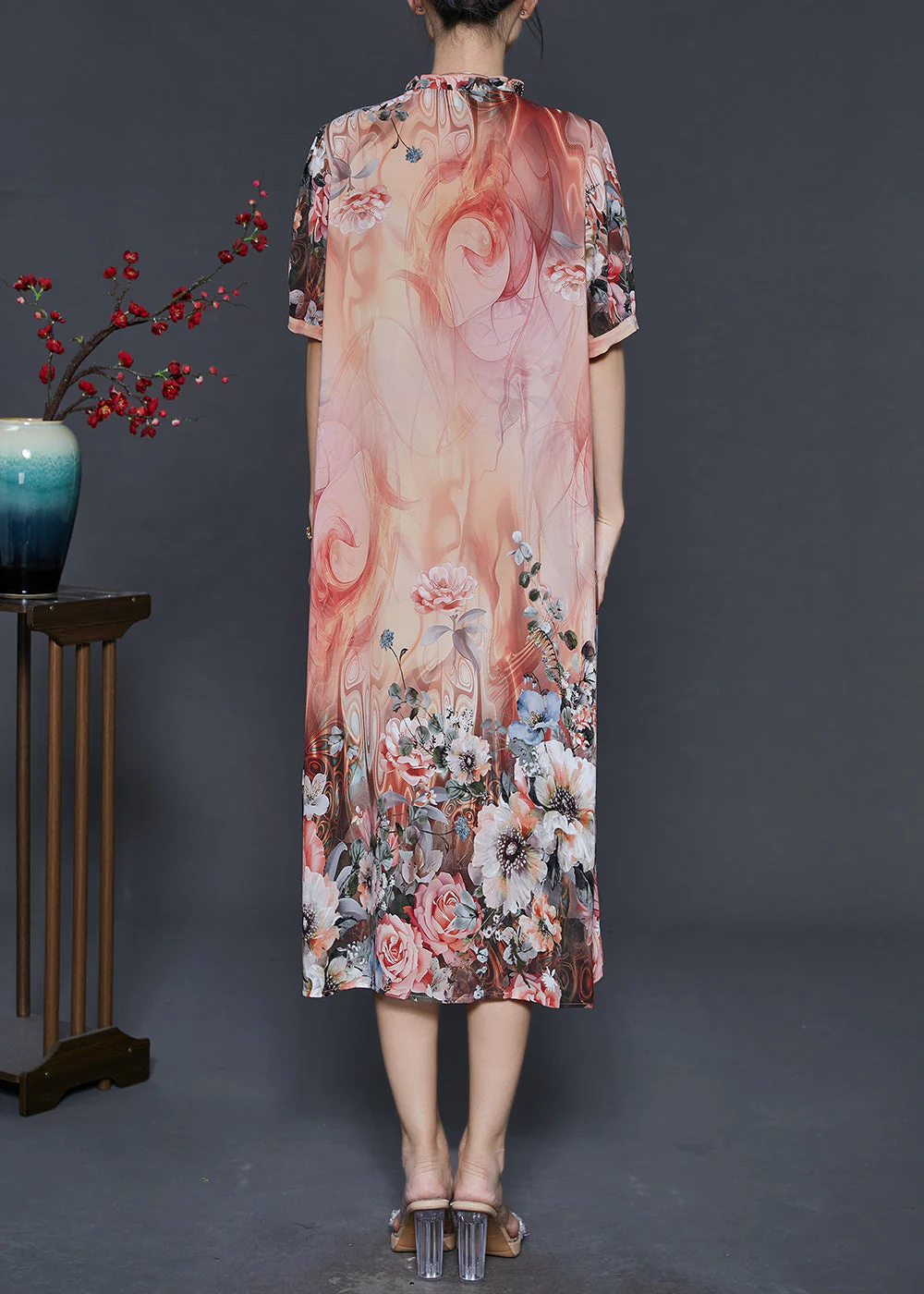 Organic Orange Ruffled Print Silk Party Dress Summer - Image 4