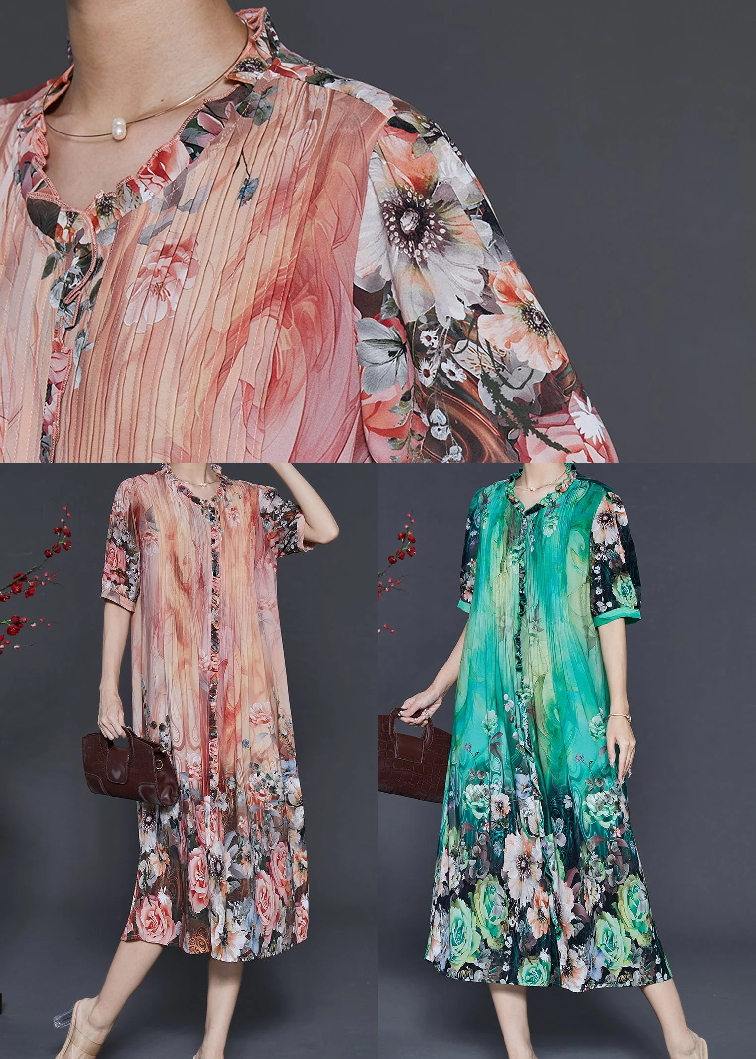 Organic Orange Ruffled Print Silk Party Dress Summer - Image 5