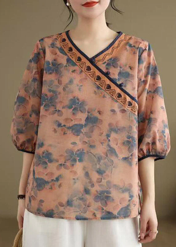 Organic Orange V Neck Print Low High Design Shirt Summer - Image 2
