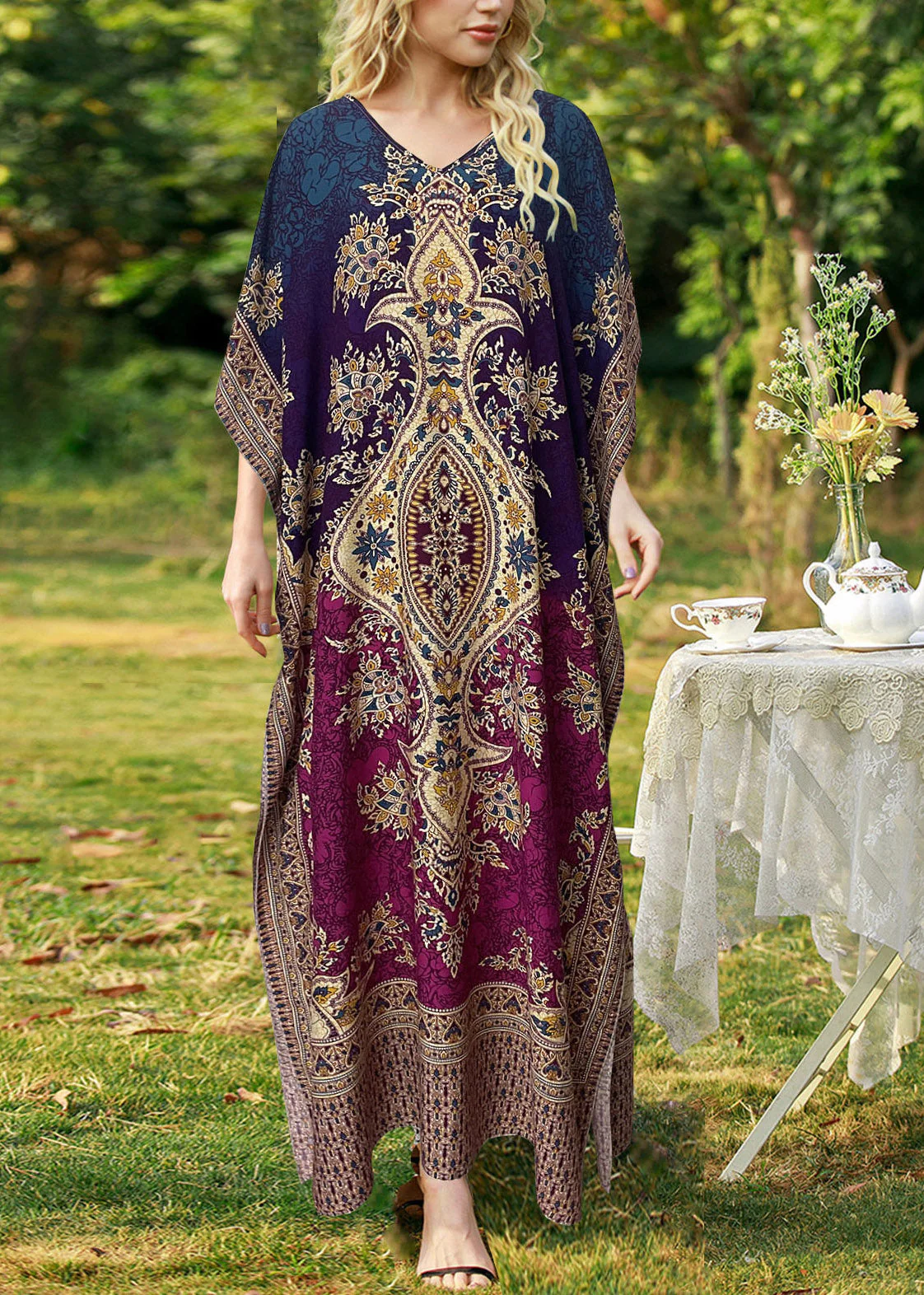 Organic Orange V Neck Side Open Long Dress Batwing Sleeve - Image 3