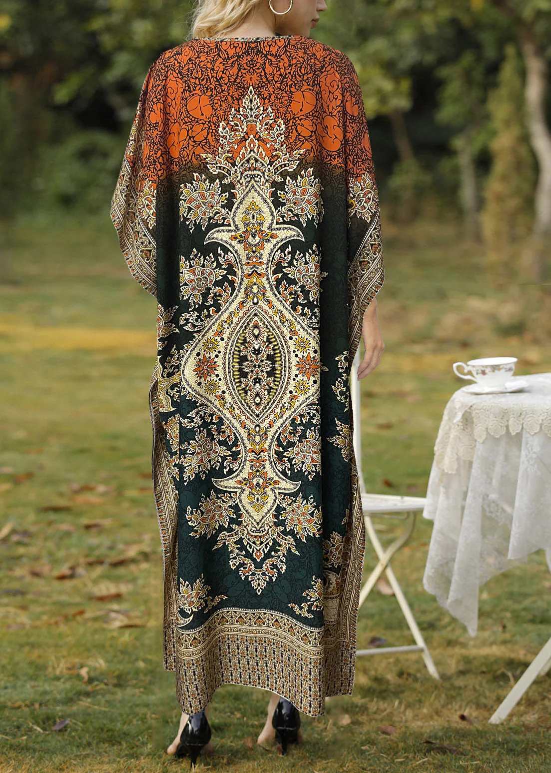 Organic Orange V Neck Side Open Long Dress Batwing Sleeve - Image 4