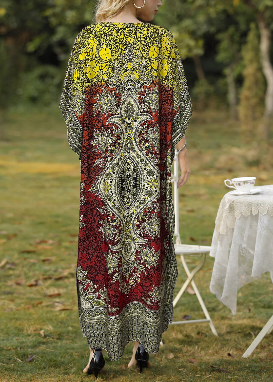 Organic Orange V Neck Side Open Long Dress Batwing Sleeve - Image 5