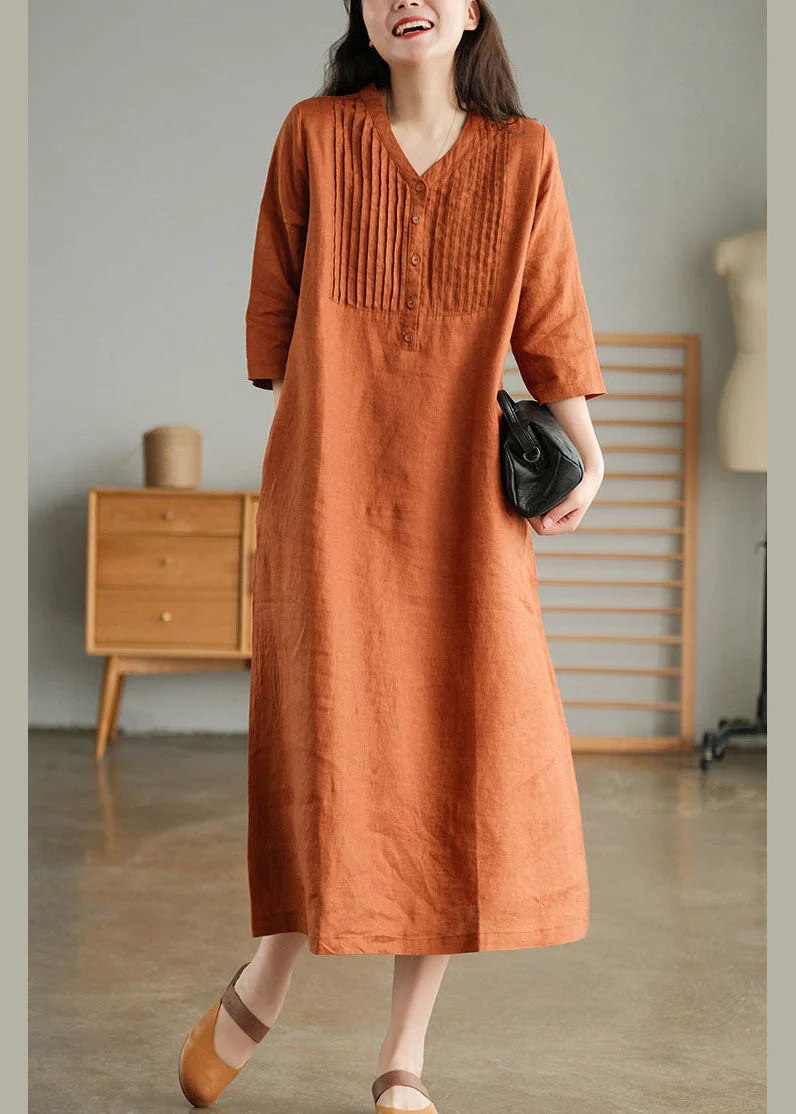 Organic Orange V Neck wrinkled Linen Party Dress Half Sleeve - Image 3