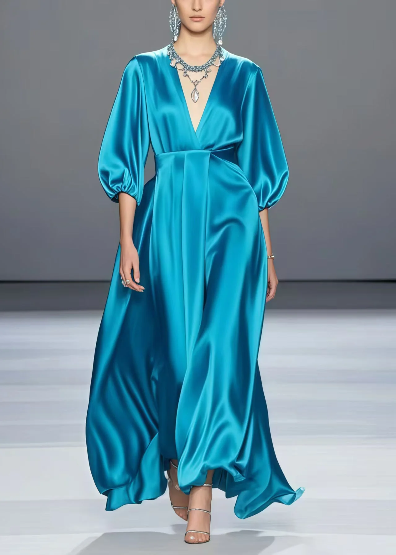 Organic Peacock Blue V Neck Draping Silk Long Dress Summer - Image 5