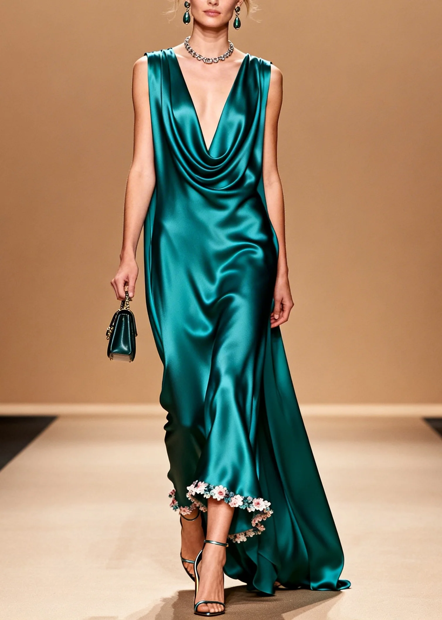 Organic Peacock Green Turtle Neck Floral Silk Maxi Dress Summer - Image 3