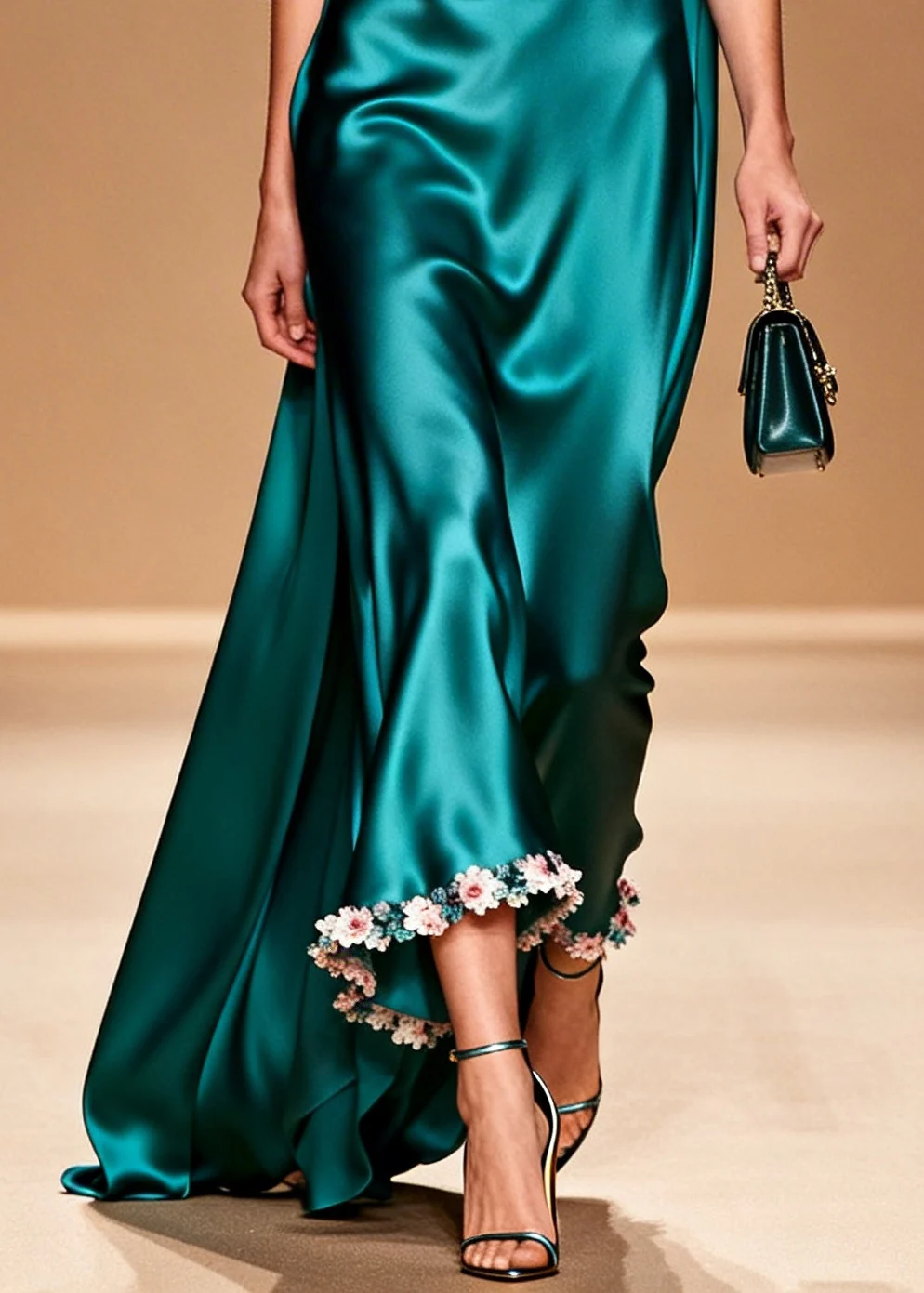 Organic Peacock Green Turtle Neck Floral Silk Maxi Dress Summer - Image 4