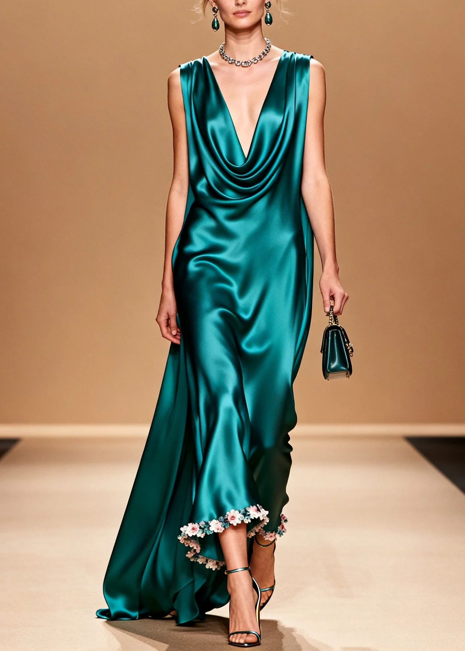 Organic Peacock Green Turtle Neck Floral Silk Maxi Dress Summer - Image 5