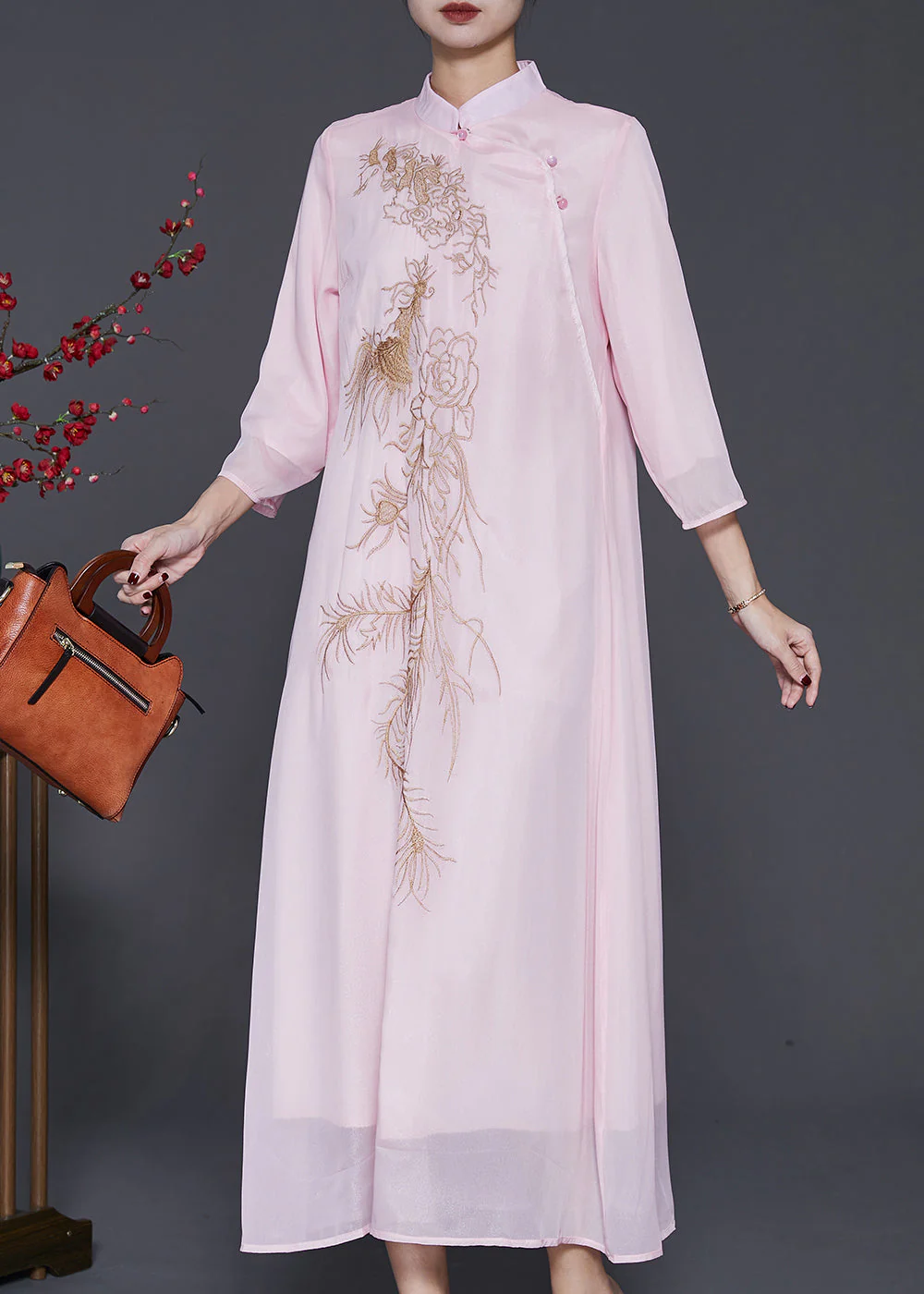 Organic Pink Embroidered Chiffon A Line Dress Bracelet Sleeve - Image 2