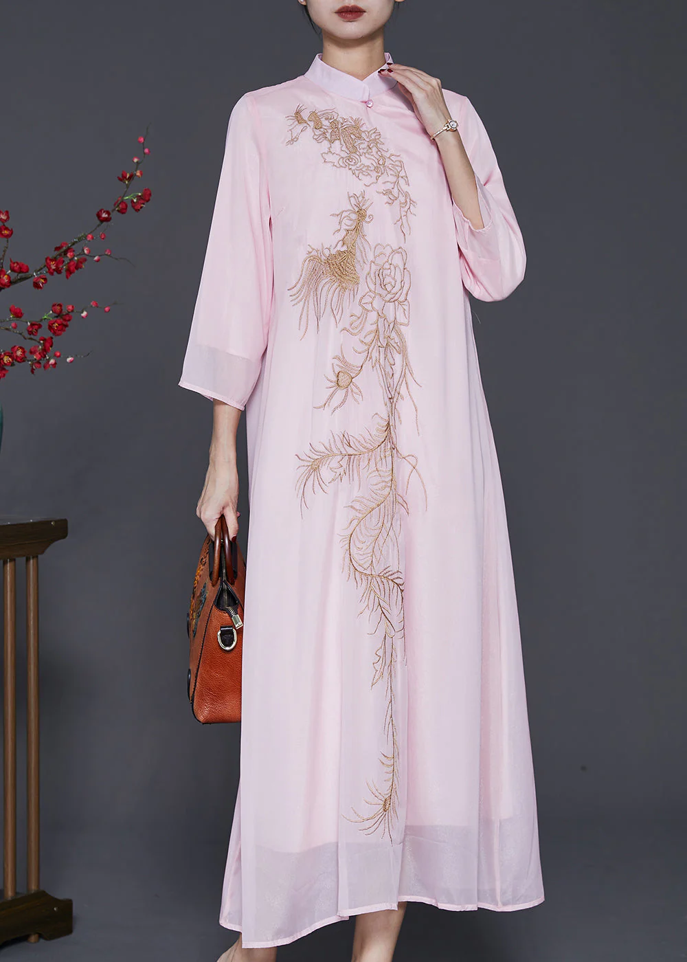 Organic Pink Embroidered Chiffon A Line Dress Bracelet Sleeve - Image 3