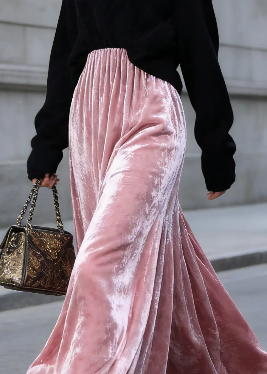 Organic Pink High Waist Wrinkled Velvet Skirts Spring - Image 2