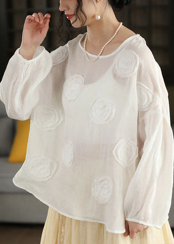 Organic Pink O Neck Floral Linen Shirt Lantern Sleeve - Image 3