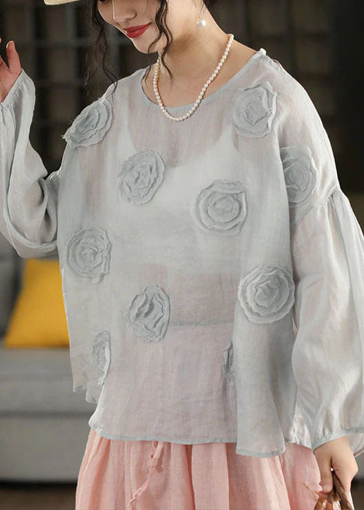 Organic Pink O Neck Floral Linen Shirt Lantern Sleeve - Image 4