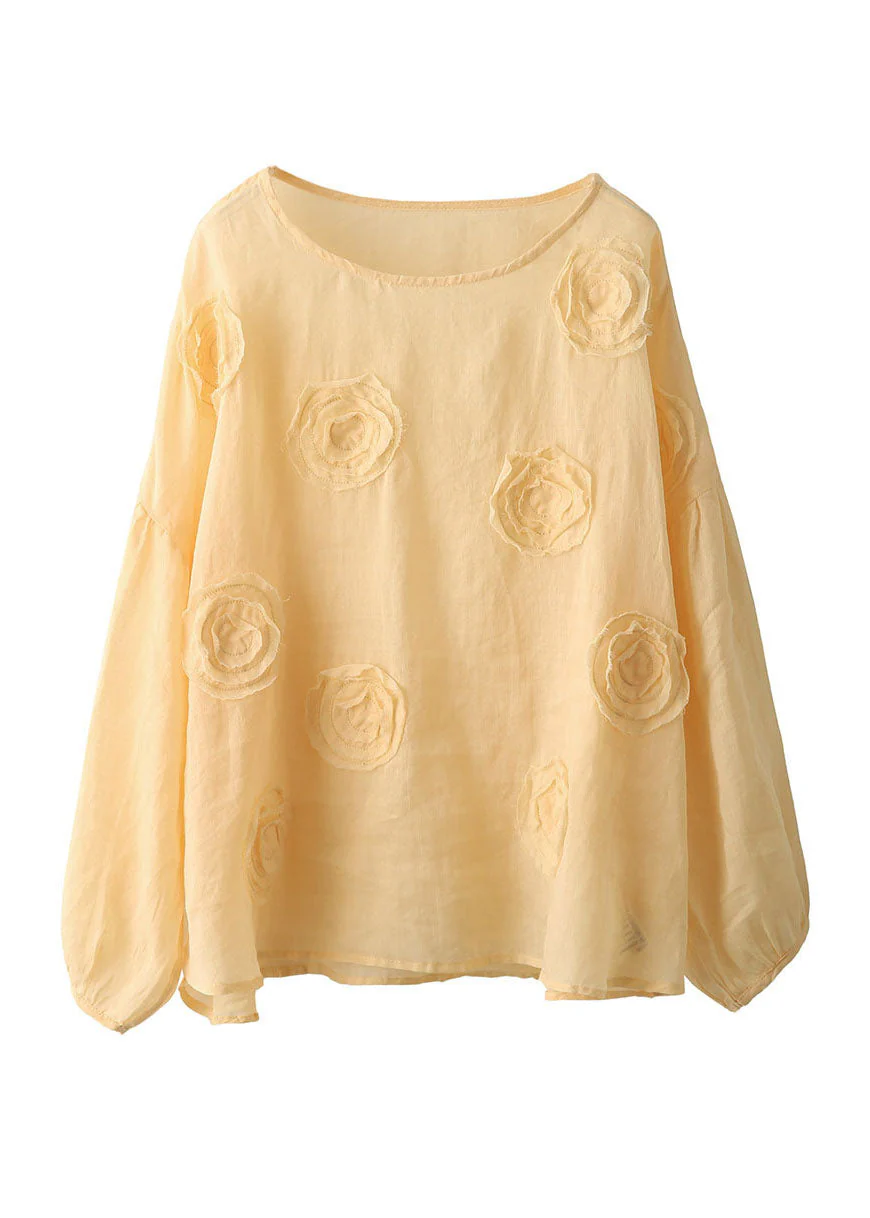 Organic Pink O Neck Floral Linen Shirt Lantern Sleeve - Image 5