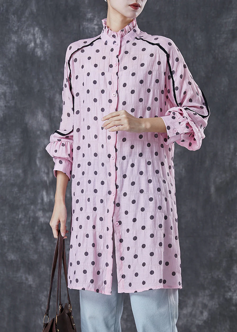 Organic Pink Ruffled Collar Print Cotton Shirt Dress Spring - Image 2