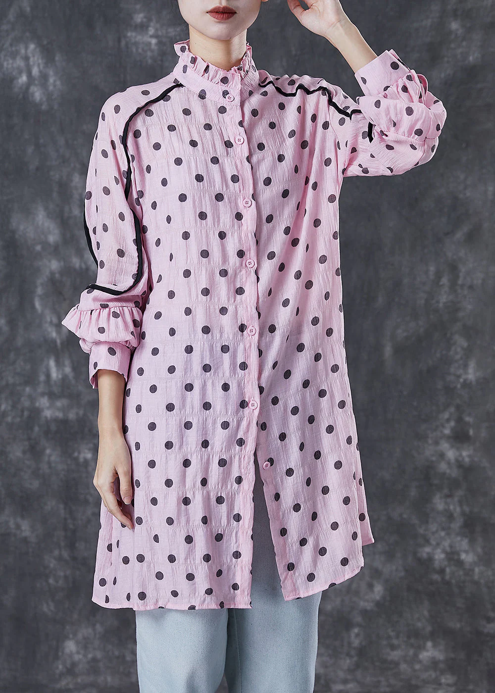 Organic Pink Ruffled Collar Print Cotton Shirt Dress Spring - Image 3