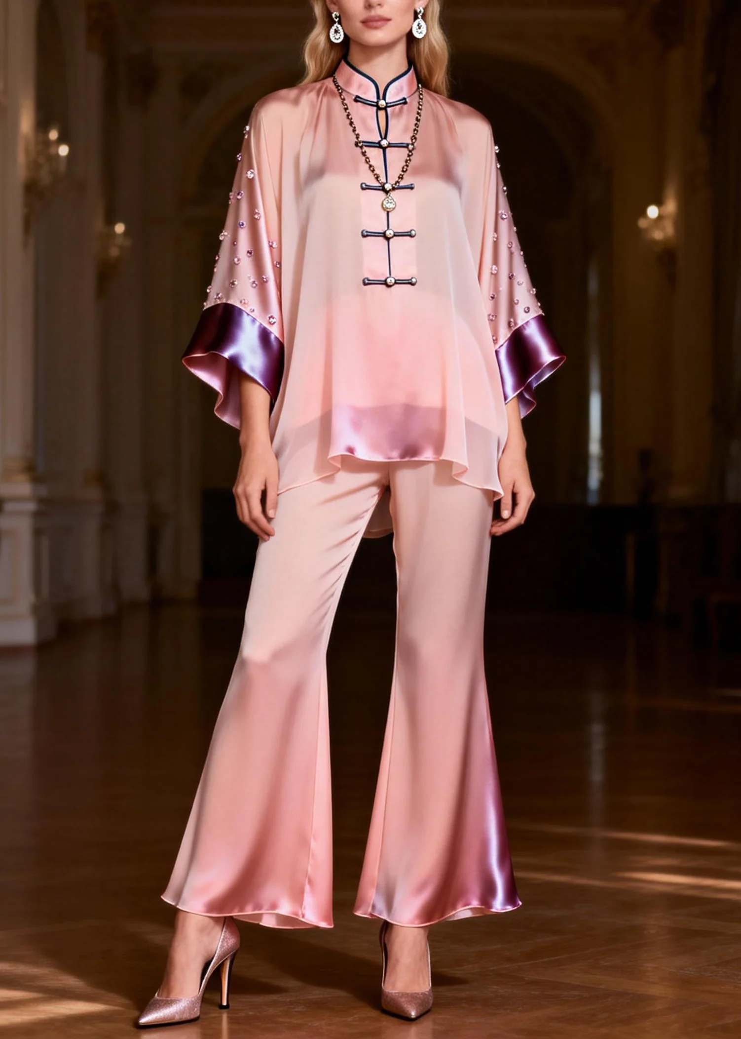Organic Pink Stand Collar Zircon Silk Top And Flared Trousers Two-Piece Set Spring