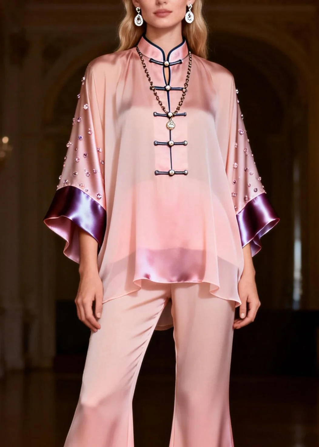 Organic Pink Stand Collar Zircon Silk Top And Flared Trousers Two-Piece Set Spring - Image 2