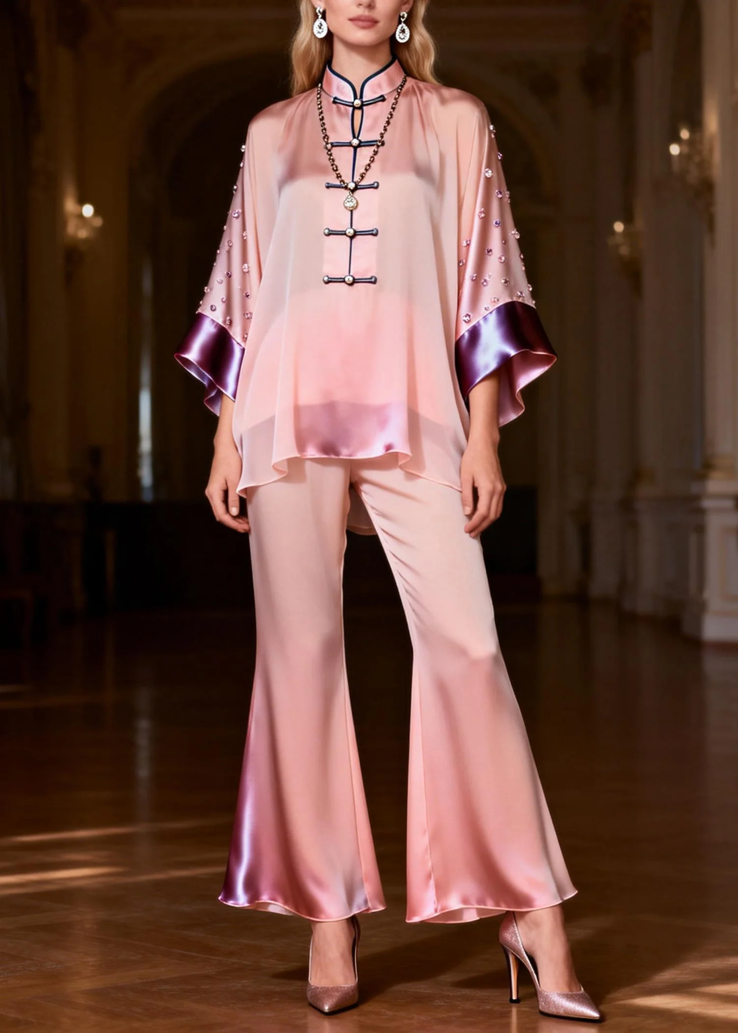 Organic Pink Stand Collar Zircon Silk Top And Flared Trousers Two-Piece Set Spring - Image 3