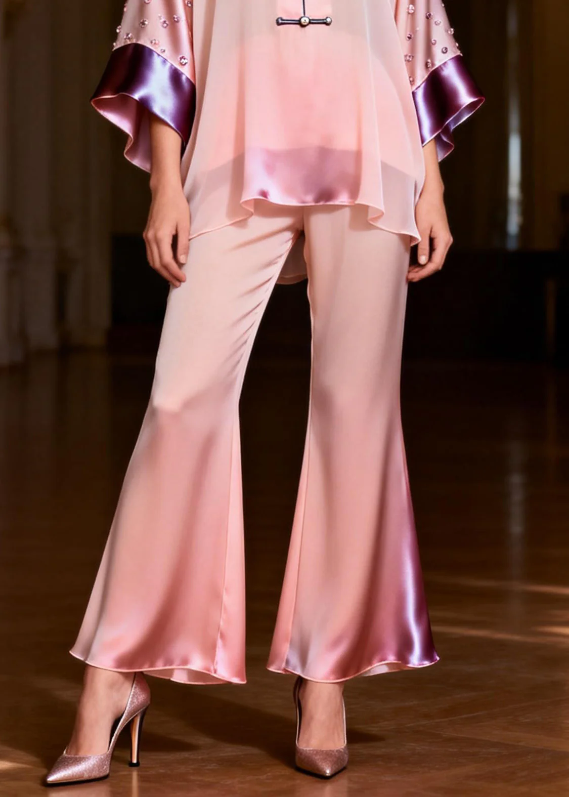 Organic Pink Stand Collar Zircon Silk Top And Flared Trousers Two-Piece Set Spring - Image 4