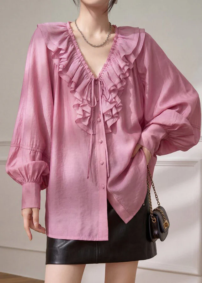 Organic Pink Tie Lace Ruffled Shirt Spring - Image 2