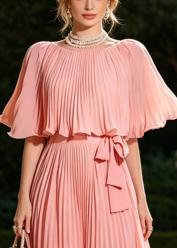 Organic Pink Tie Waist Wrinkled Chiffon Long Dresses Cloak Sleeves - Image 2