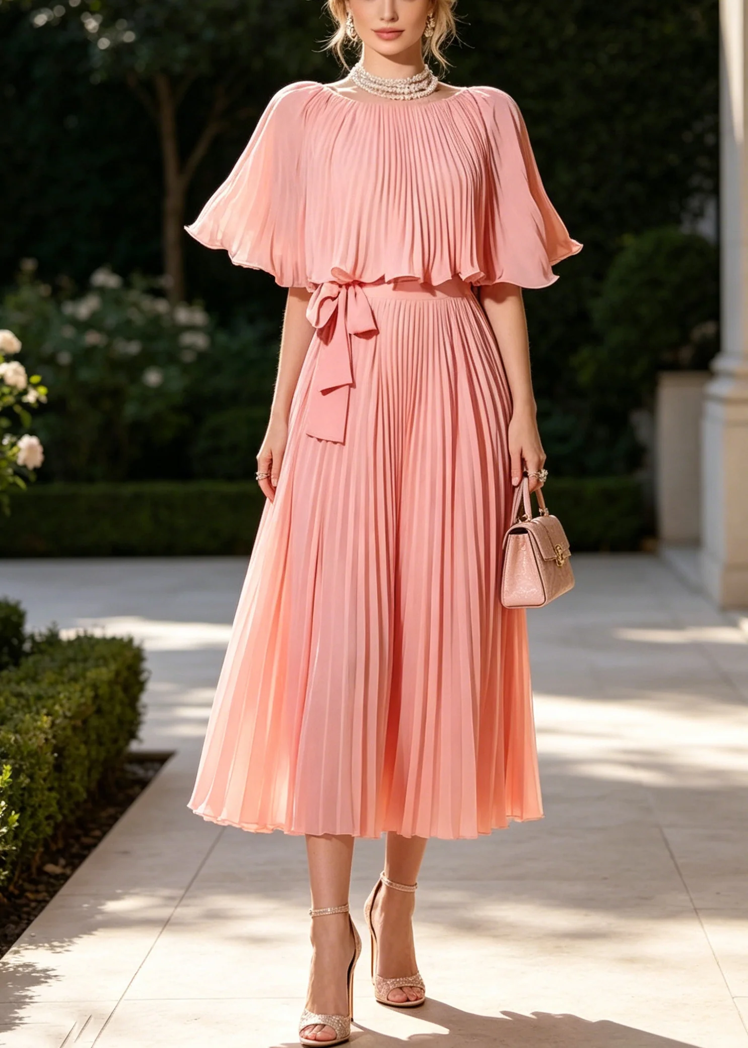 Organic Pink Tie Waist Wrinkled Chiffon Long Dresses Cloak Sleeves - Image 3
