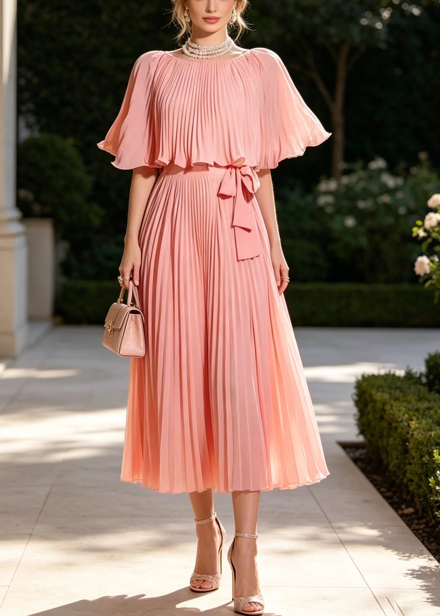 Organic Pink Tie Waist Wrinkled Chiffon Long Dresses Cloak Sleeves - Image 5