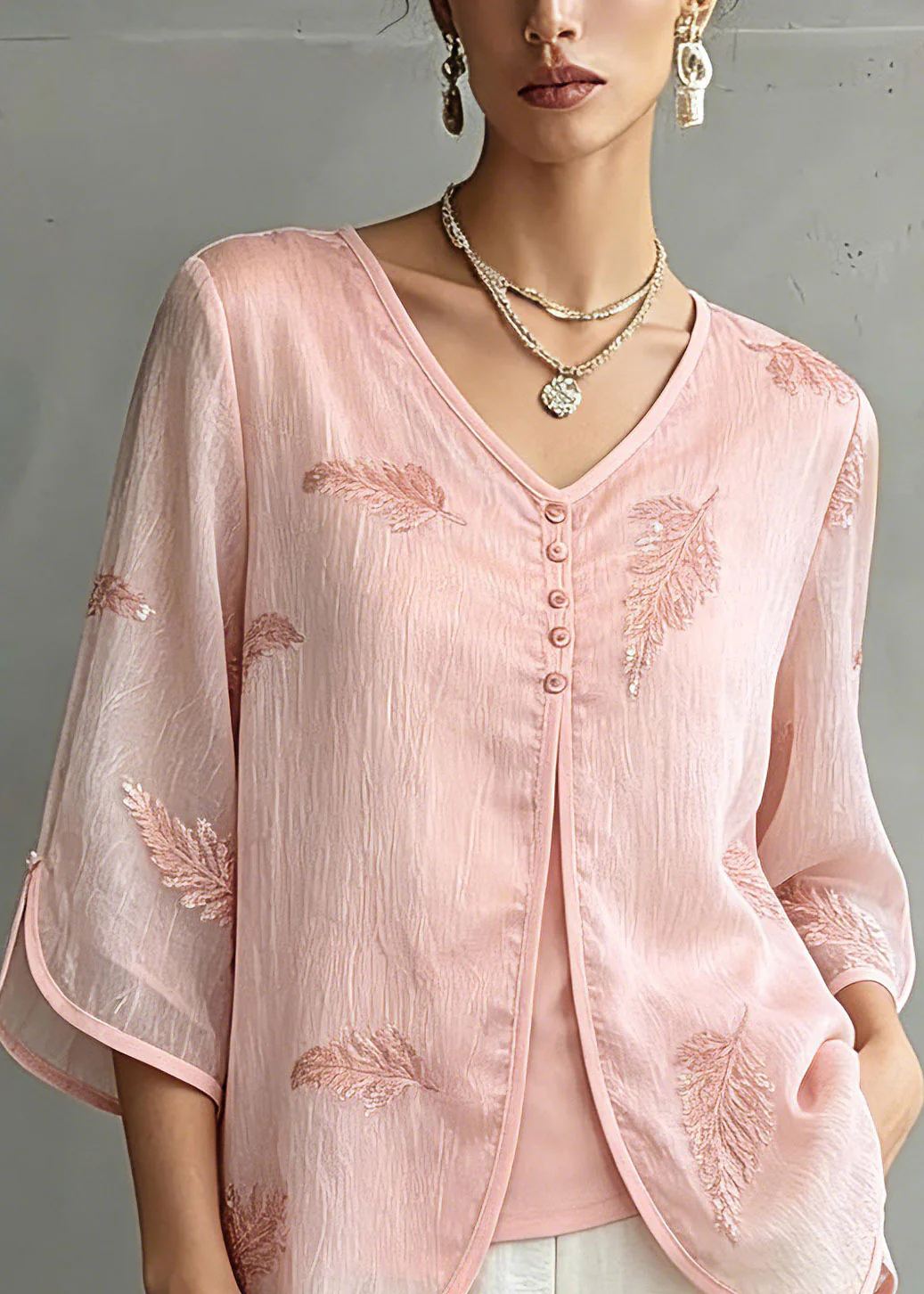 Organic Pink V Neck Print Chiffon Shirts Three Quarter Sleeve - Image 2