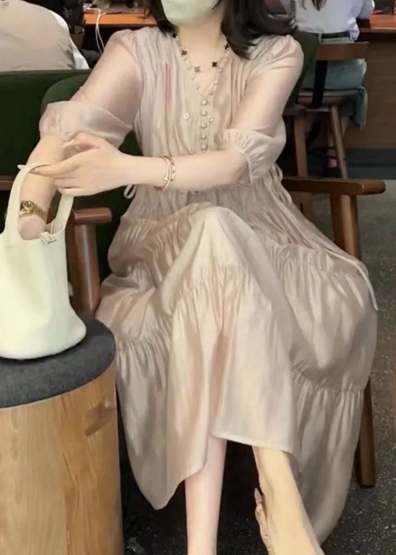 Organic Pink V Neck Wrinkled Patchwork Silk Holiday Dresses Summer - Image 3