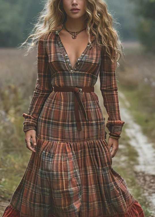 Organic Plaid Wrinkled Patchwork Cotton Long Dresses Spring - Image 2