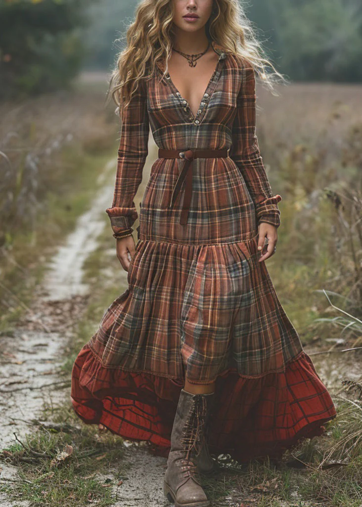Organic Plaid Wrinkled Patchwork Cotton Long Dresses Spring - Image 3