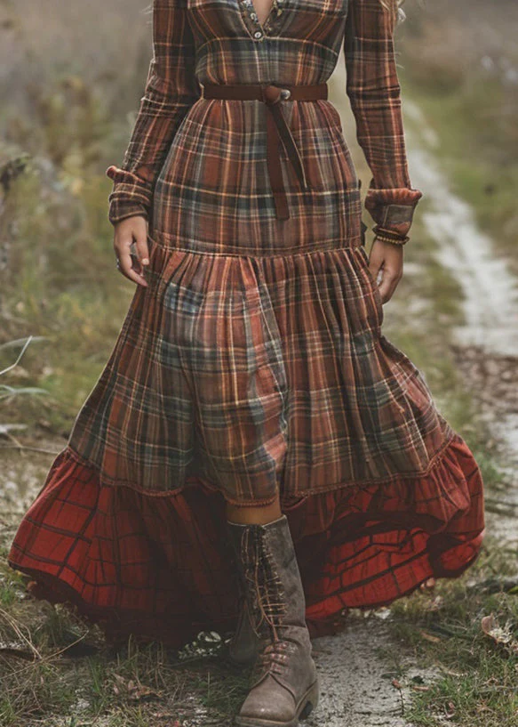 Organic Plaid Wrinkled Patchwork Cotton Long Dresses Spring - Image 4