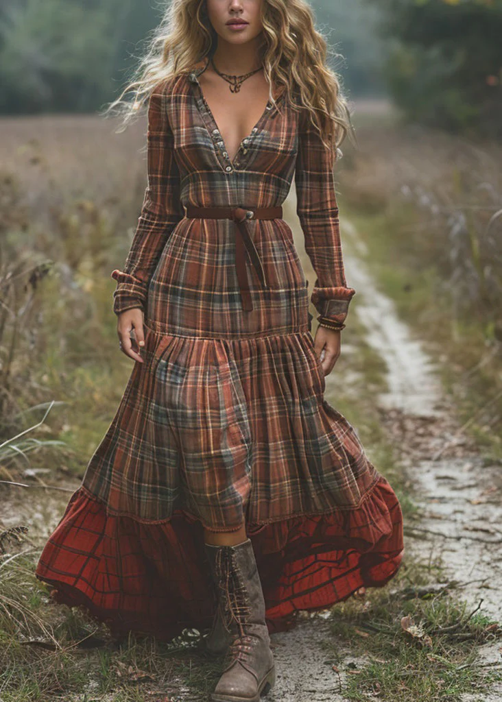 Organic Plaid Wrinkled Patchwork Cotton Long Dresses Spring - Image 5