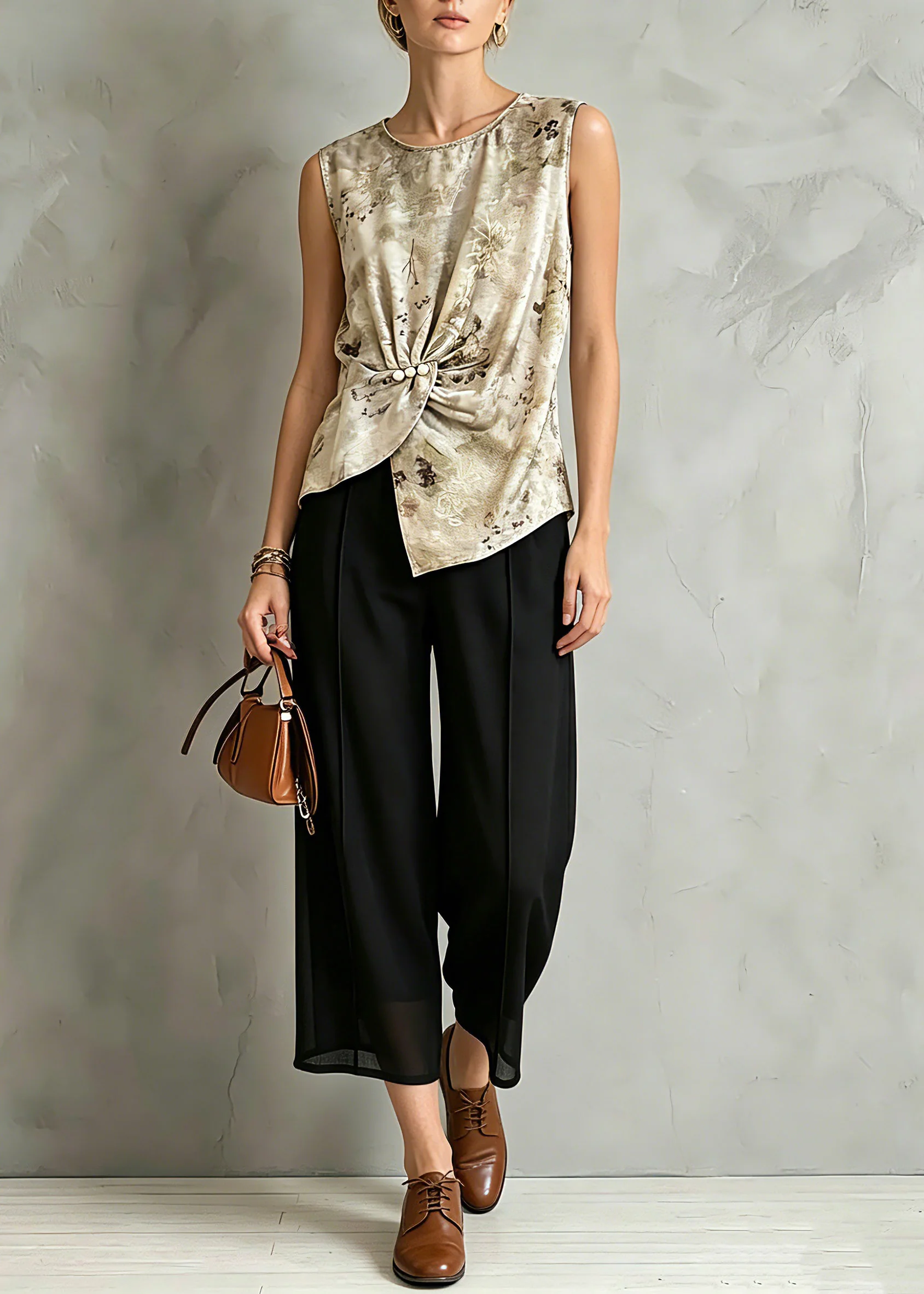 Organic Print Silk Tops And Crop Pants Two Pieces Set Short Sleeve - Image 5