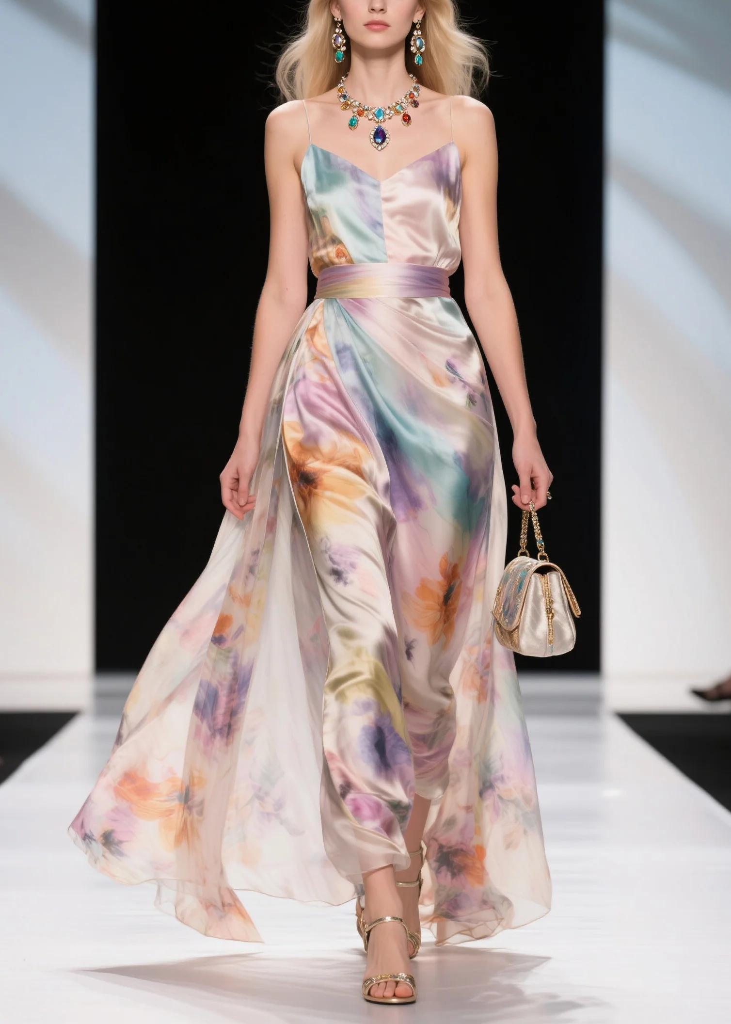 Organic Print Tunic Chiffon Long Spaghetti Strap Dresses Sleeveless - Image 3