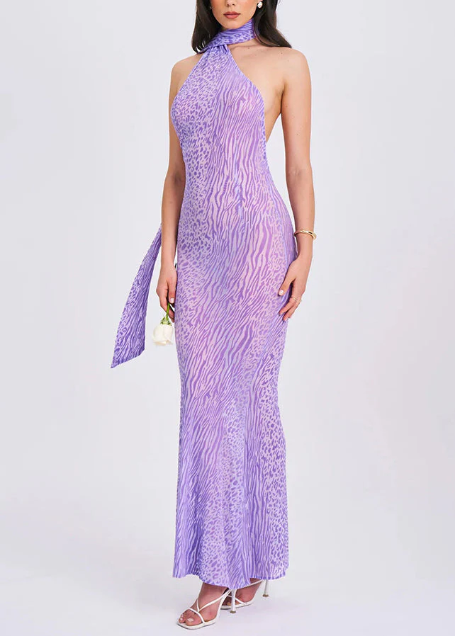 Organic Purple Leopard Print Cold Shoulder Tulle Long Dresses Summer - Image 2