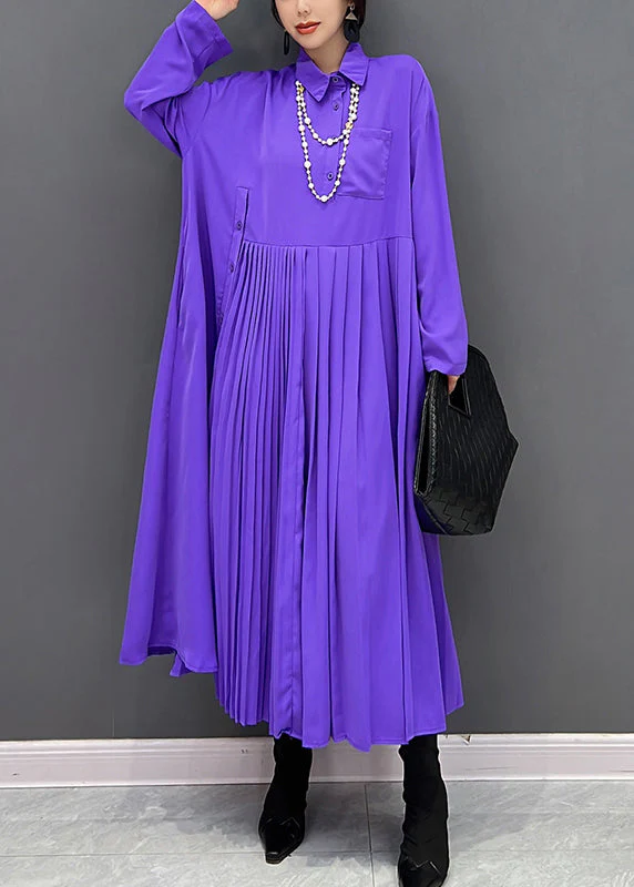 Organic Purple Peter Pan Collar Wrinkled Button Maxi Dress Fall - Image 2