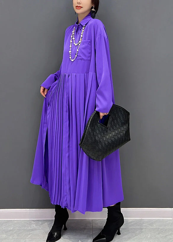 Organic Purple Peter Pan Collar Wrinkled Button Maxi Dress Fall - Image 4